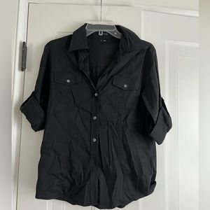 Theory roll sleeve button up black blouse